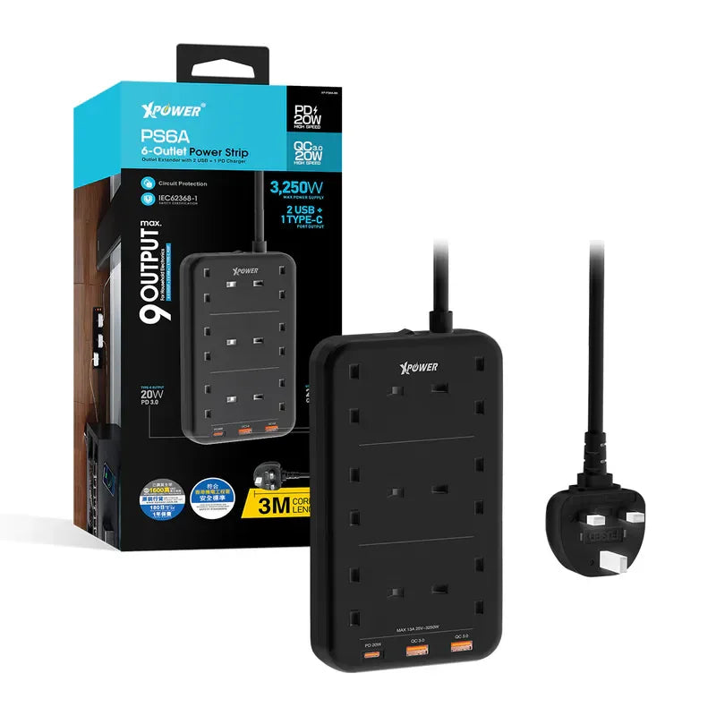 XPower 9 Output Sockets Power Strip (3m Wire) - Black - Tashqila XPower 9 Output Sockets Power Strip (3m Wire) - Black - Tashqila
